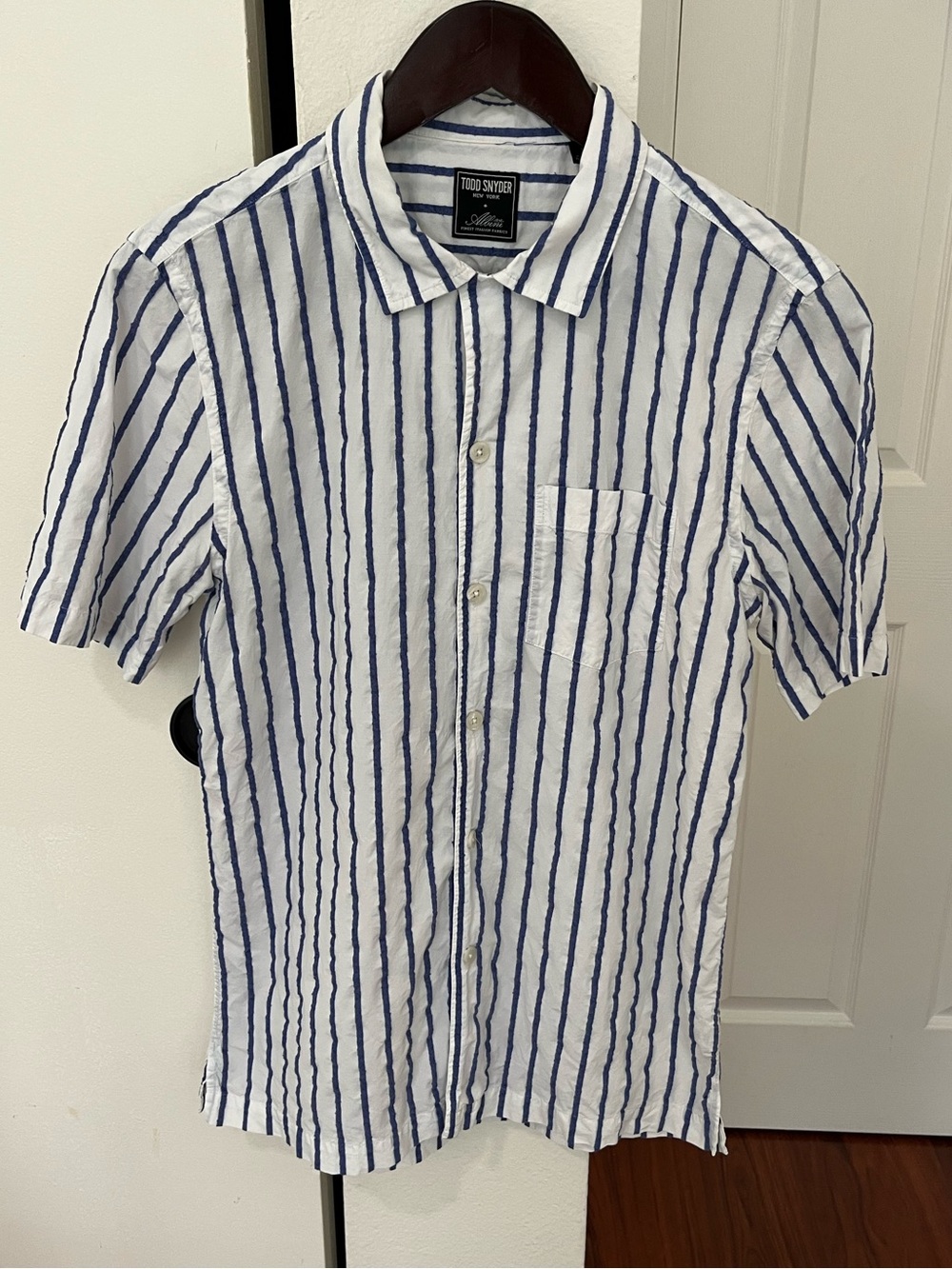 Todd Snyder White and Blue Vertical Stripe Short Sleeve Shirt in Albini Fabric